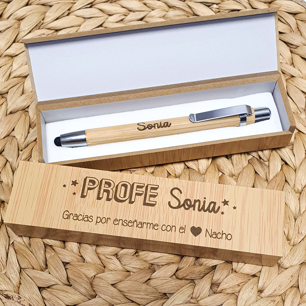 Bolígrafo Personalizado con Caja de Bambú Grabada | Regalo Original para Profesores