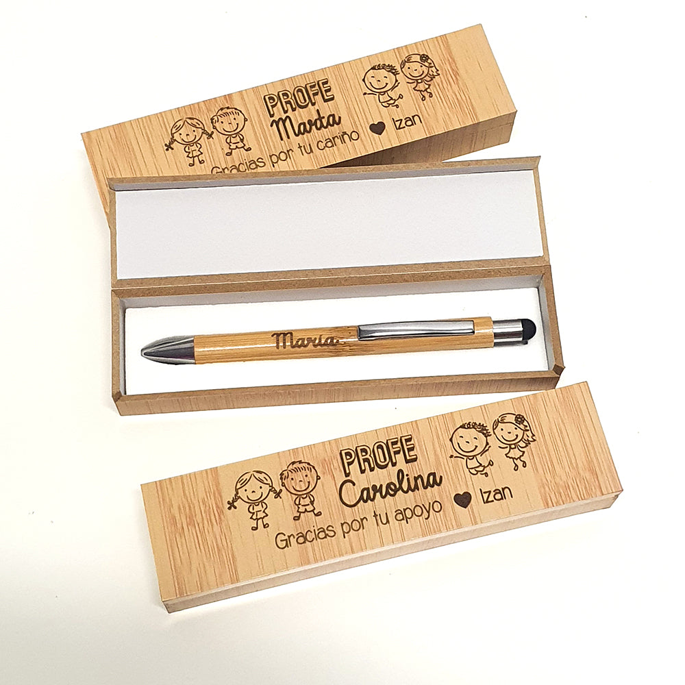 Bolígrafo Personalizado con Caja de Bambú Grabada | Regalo Original para Profesores