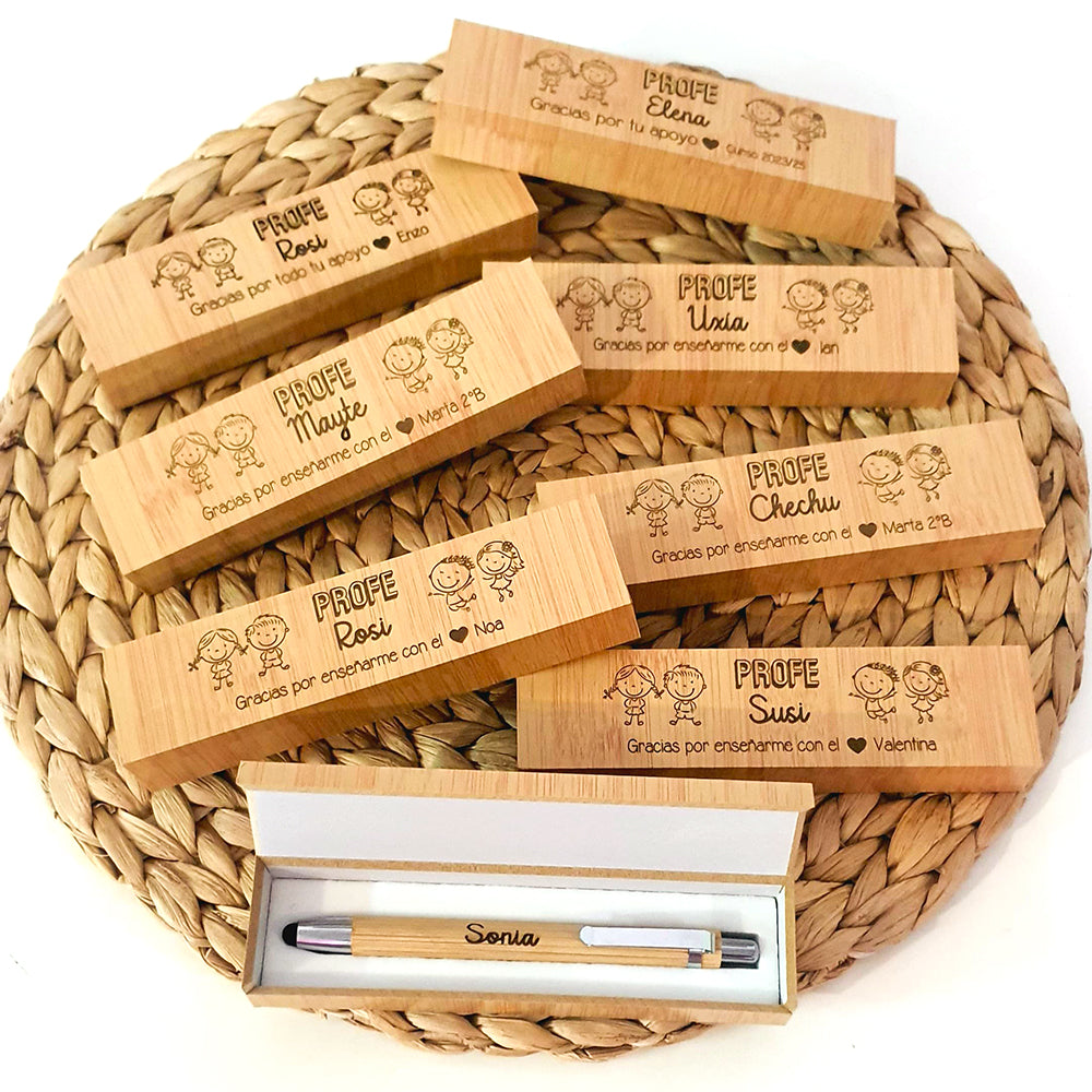Bolígrafo Personalizado con Caja de Bambú Grabada | Regalo Original para Profesores