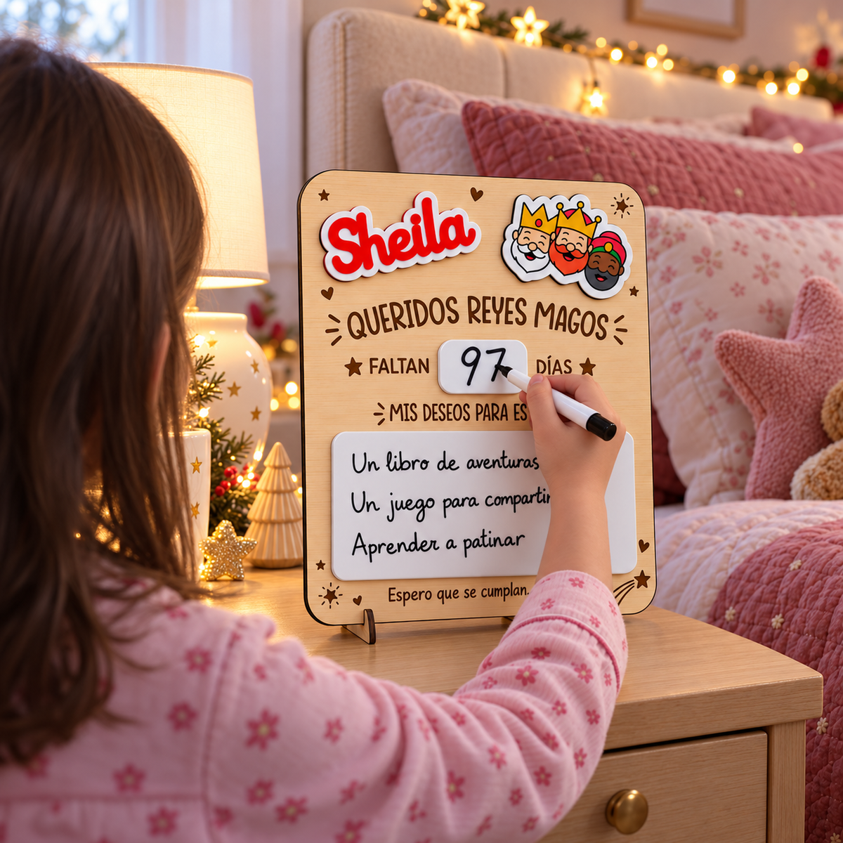 Simulación: niña escribiendo la cuenta atrás en una placa de Reyes Magos con el nombre Sheila.