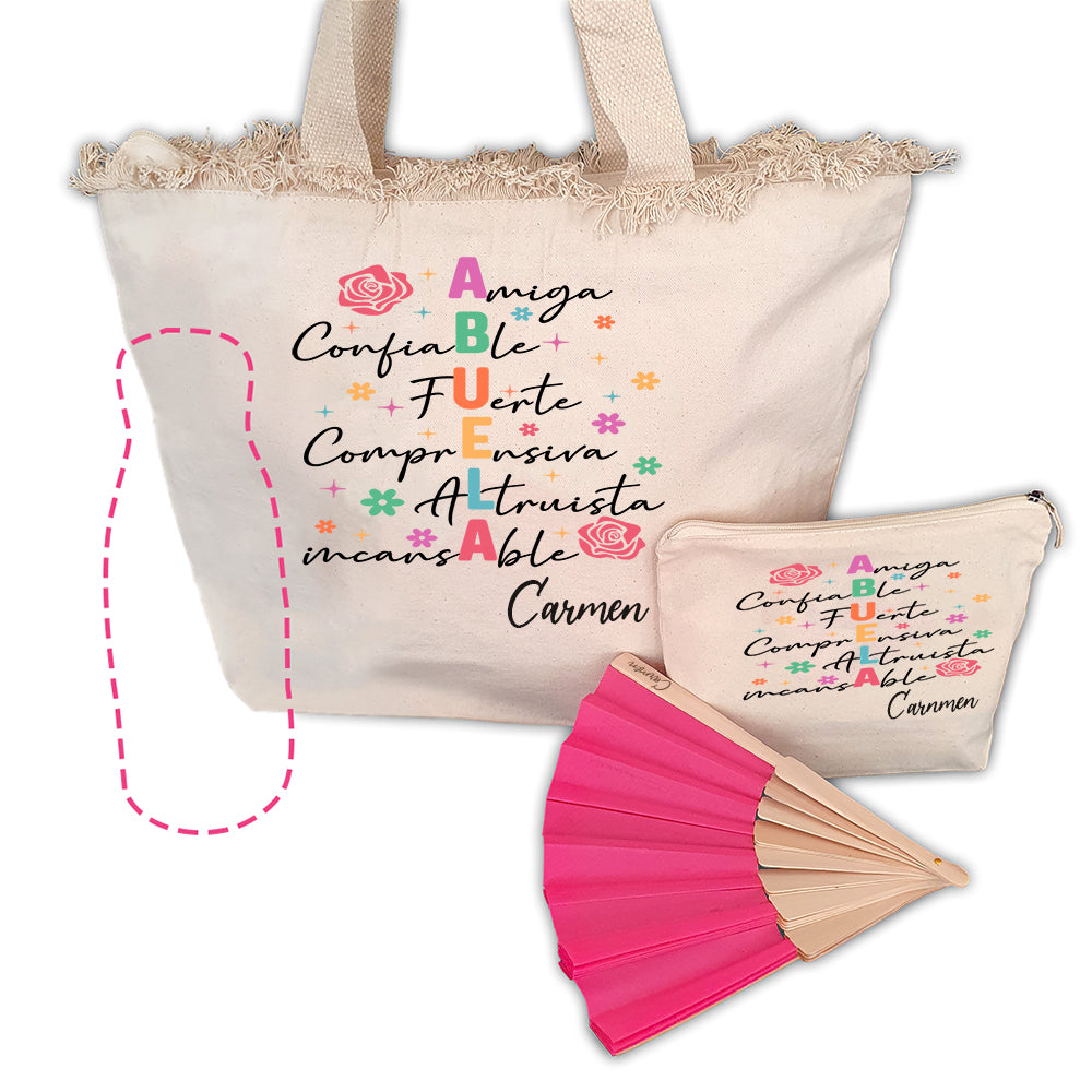 Pack Regalo Personalizado para Mamá o Abuela | Bolso, Neceser, Abanico y Botella