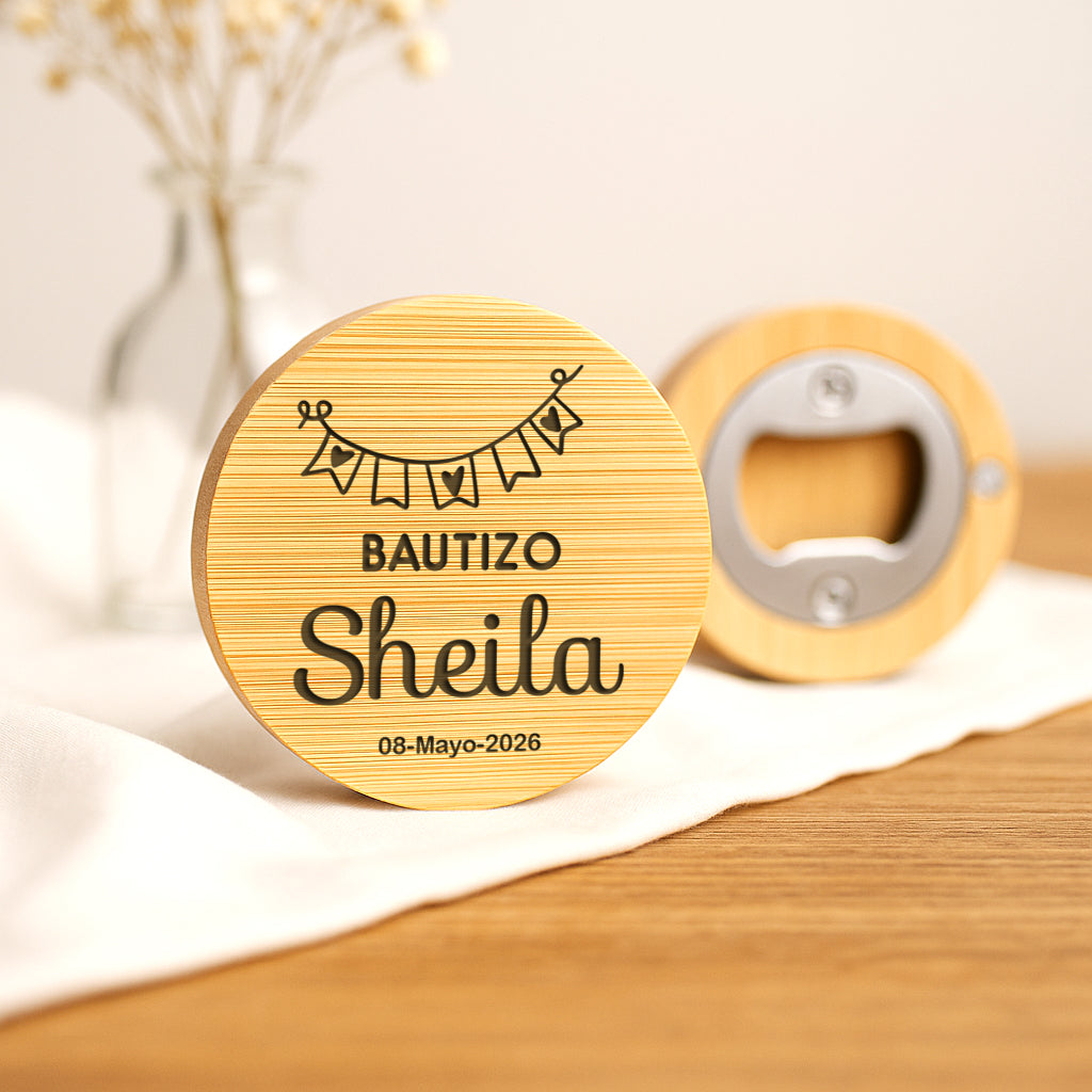 Abridor bambú bautizo personalizado
