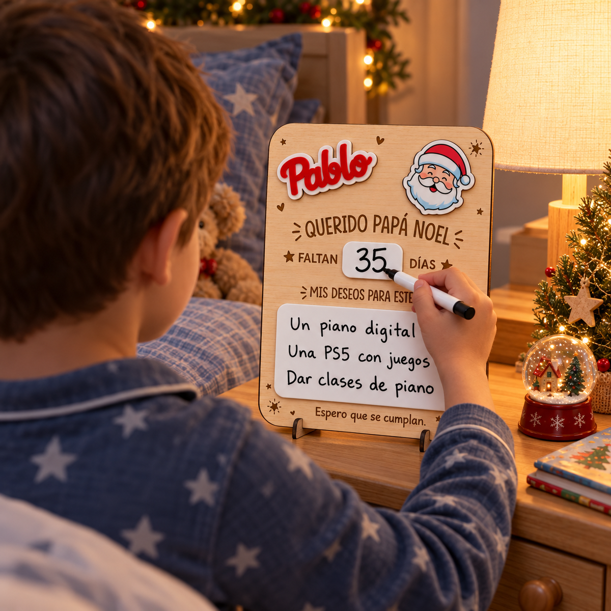 Simulación: niño actualizando los días en una placa de Papá Noel personalizada con el nombre Pablo.