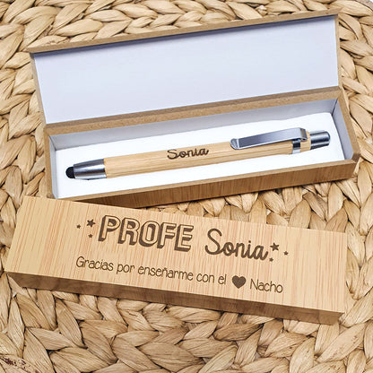 Bolígrafo Personalizado con Caja de Bambú Grabada | Regalo Original para Profesores