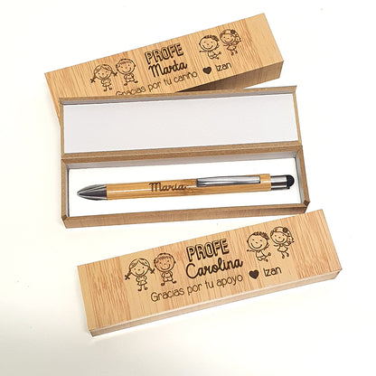 Bolígrafo Personalizado con Caja de Bambú Grabada | Regalo Original para Profesores