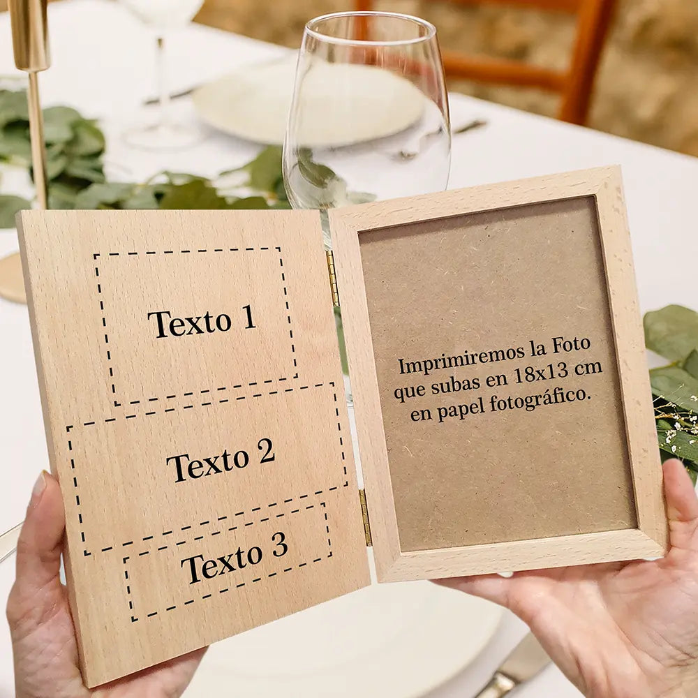 Marco de fotos tipo libro personalizado de madera para boda