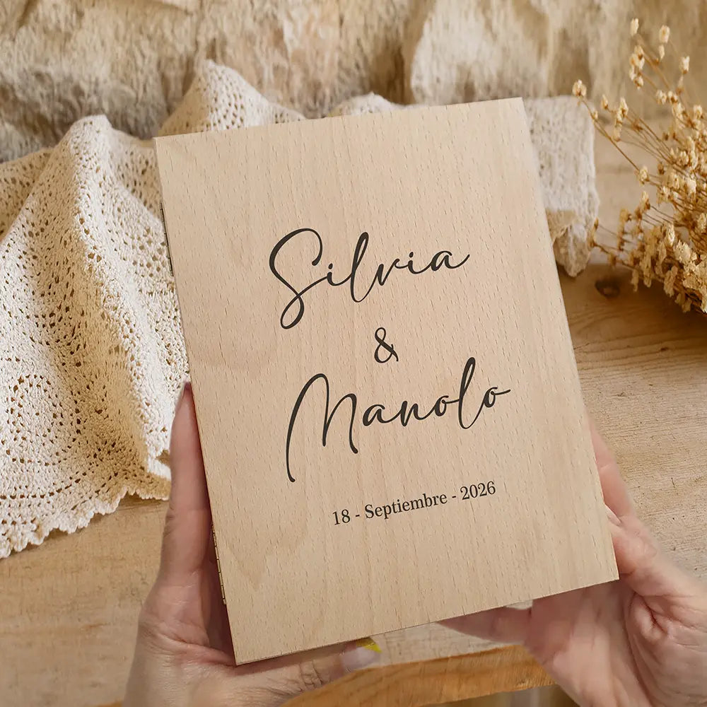 Marco de fotos tipo libro personalizado de madera para boda