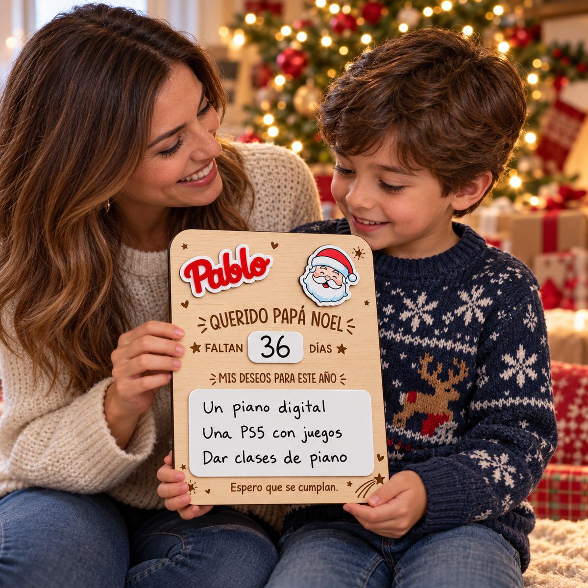 Simulación: madre e hijo sosteniendo una placa navideña con el nombre Pablo y el diseño de Papá Noel.