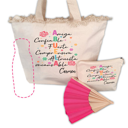 Pack Regalo Personalizado para Mamá o Abuela | Bolso, Neceser, Abanico y Botella