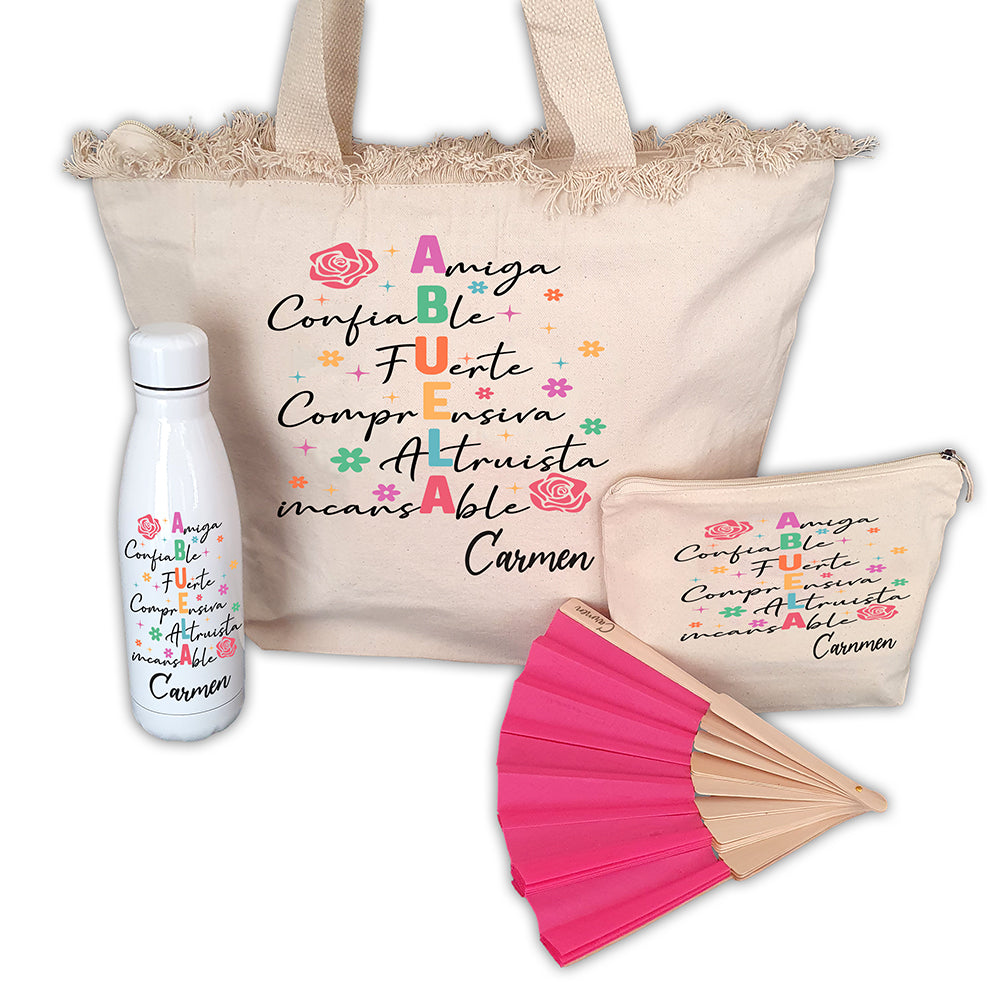Pack Regalo Personalizado para Mamá o Abuela | Bolso, Neceser, Abanico y Botella