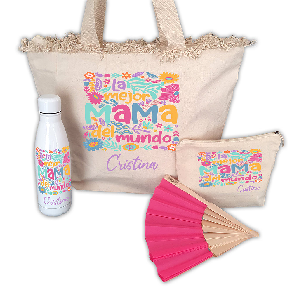 Pack Regalo Personalizado para Mamá o Abuela | Bolso, Neceser, Abanico y Botella