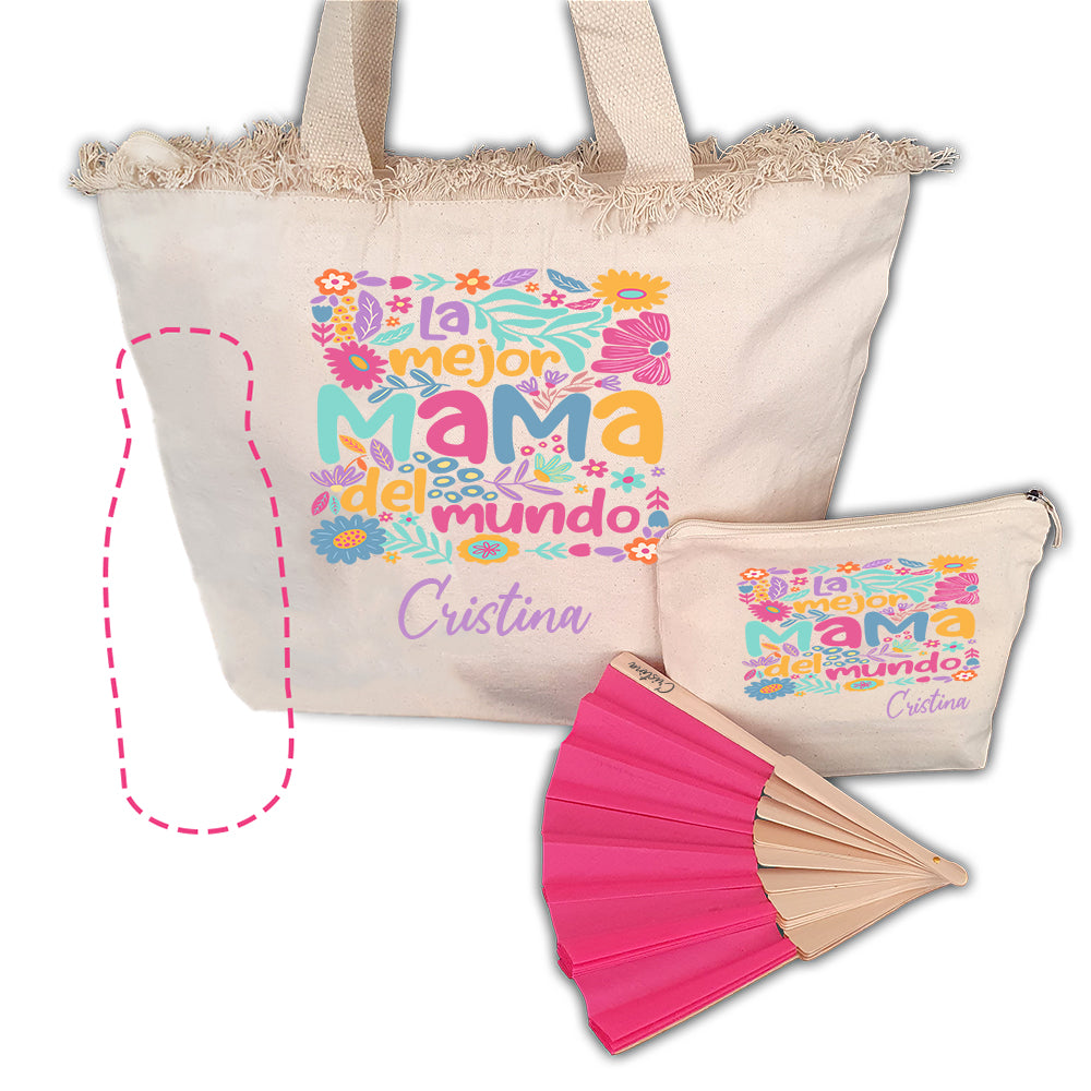 Pack Regalo Personalizado para Mamá o Abuela | Bolso, Neceser, Abanico y Botella