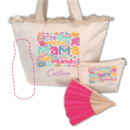 Pack Regalo Personalizado para Mamá o Abuela | Bolso, Neceser, Abanico y Botella