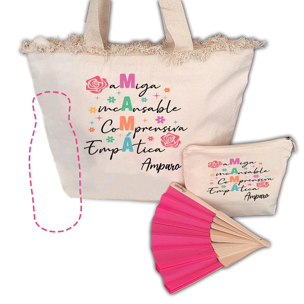 Pack Regalo Personalizado para Mamá o Abuela | Bolso, Neceser, Abanico y Botella