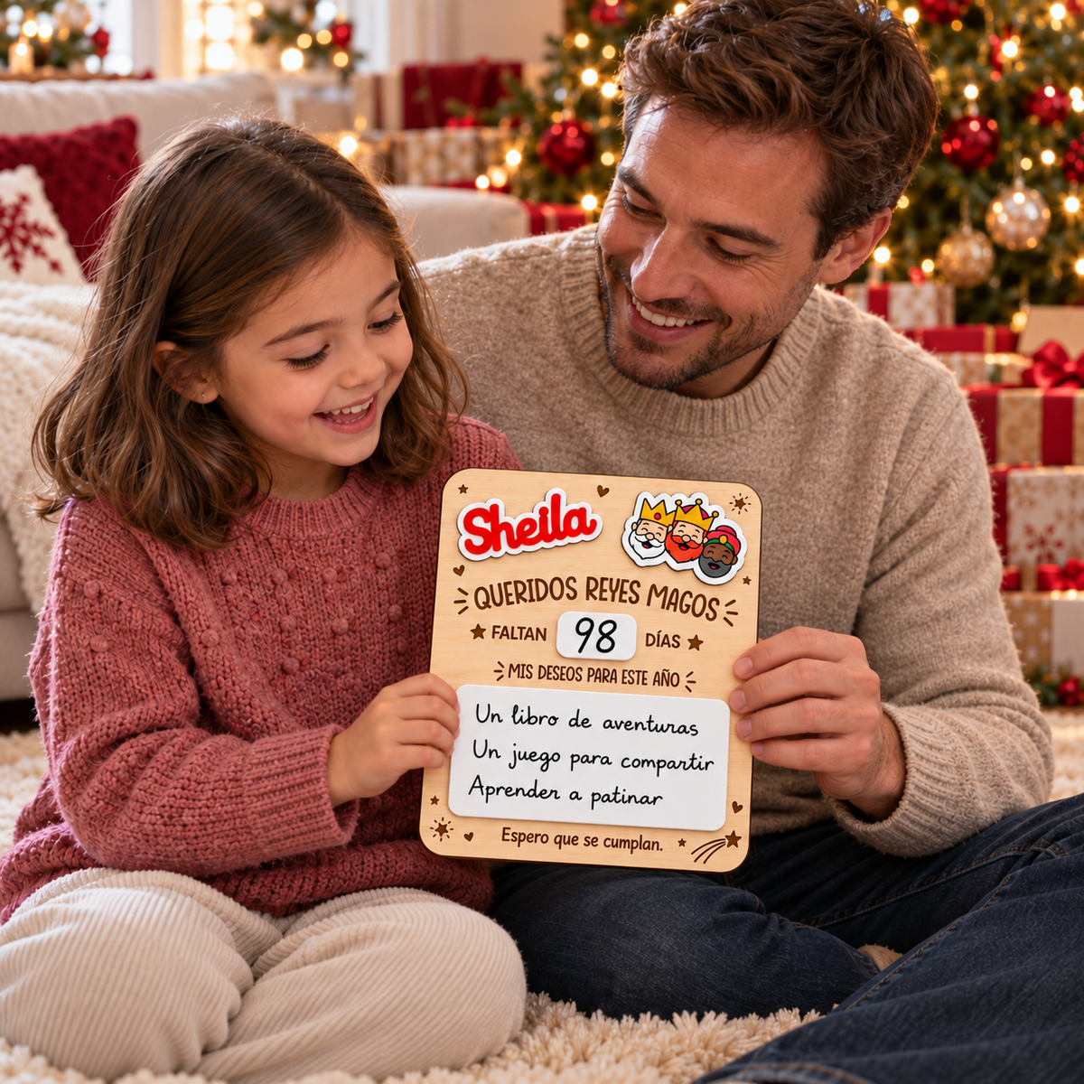 Simulación: padre e hija con una placa de Reyes Magos personalizada con el nombre Sheila y una lista de deseos.