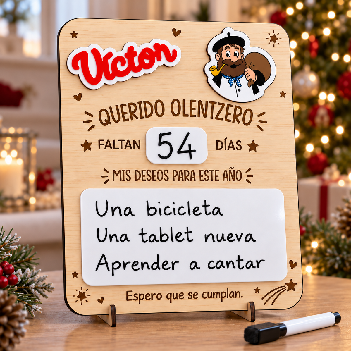 Simulación: placa de Olentzero con el nombre Víctor, cuenta atrás y lista de deseos, apoyada en una peana.