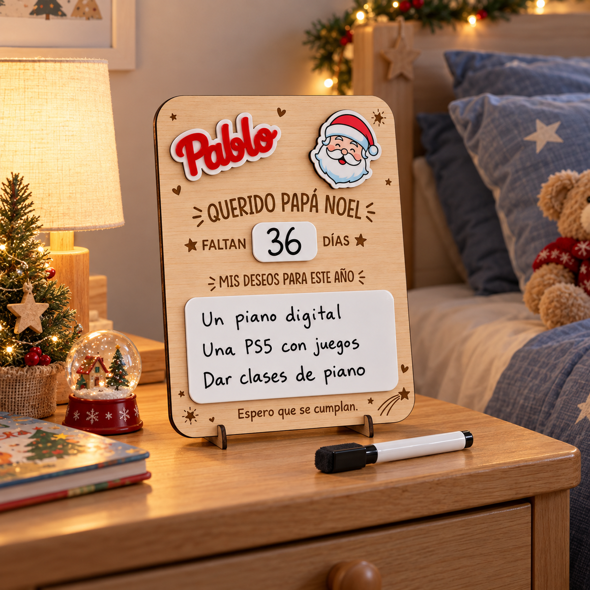 Simulación: placa de Papá Noel con el nombre Pablo, cuenta atrás y deseos sobre una mesita decorada para Navidad.