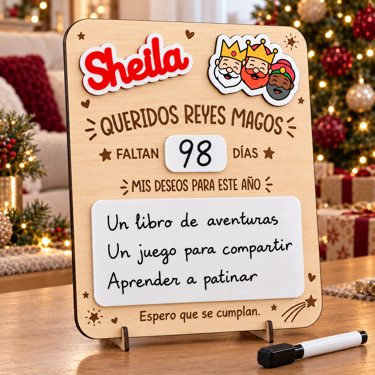 Simulación: vista frontal de una placa de Reyes Magos con el nombre Sheila y espacios blancos para días y deseos.