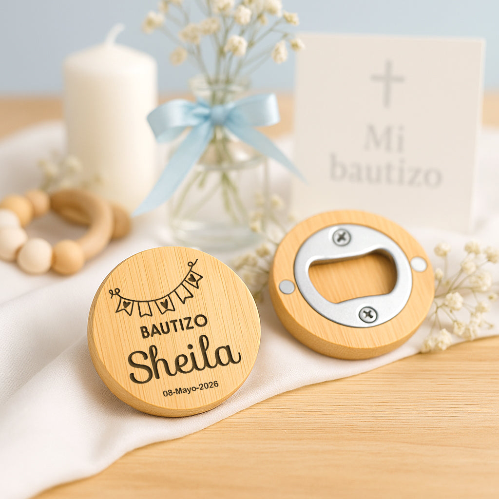 Abridor bambú bautizo personalizado