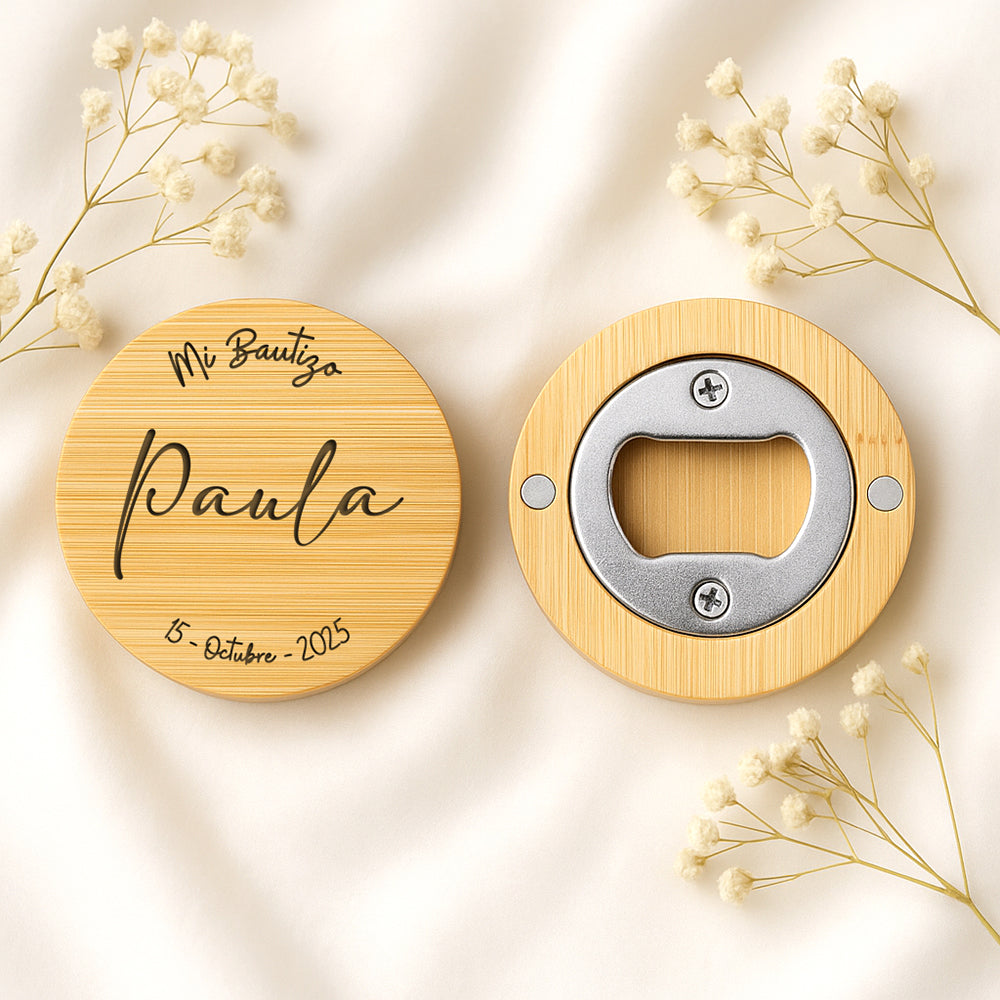 Abridor bambú bautizo personalizado