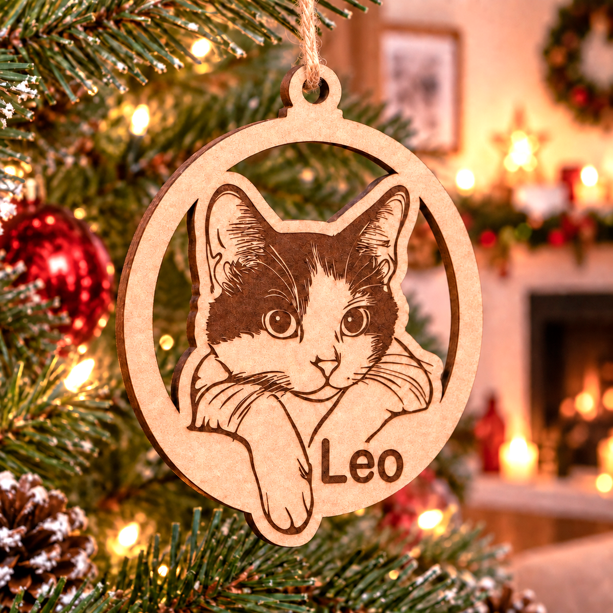 Simulación: bola navideña marrón con retrato de un gato y el nombre Leo en el árbol de Navidad.