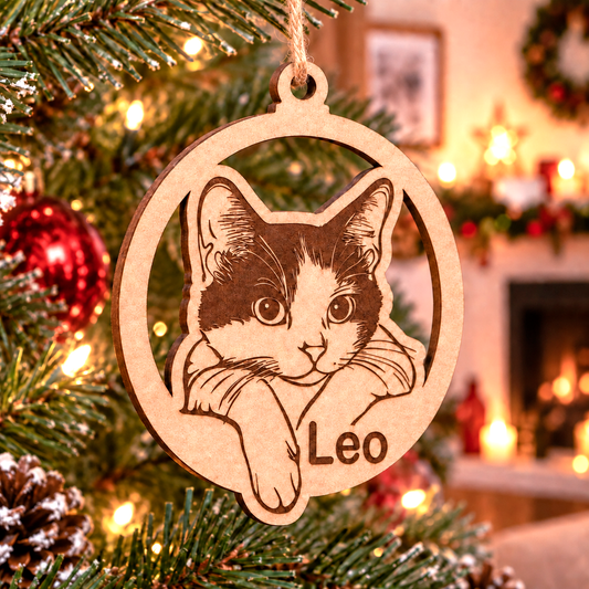Simulación: bola navideña marrón con retrato de un gato y el nombre Leo en el árbol de Navidad.