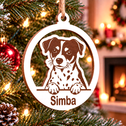 Simulación: bola blanca con retrato de un perro de orejas caídas y el nombre Simba, colgada del árbol.