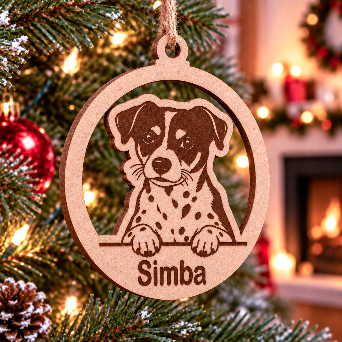 Simulación: bola marrón con retrato de un perro de orejas caídas y el nombre Simba en la parte inferior.